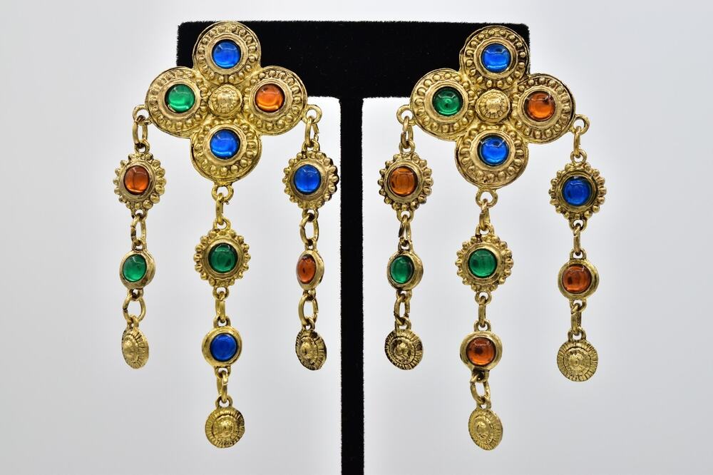 Vintage NOS Multicolor Cabochon Clover Chandelier Clip On Earrings Antiqued Gold